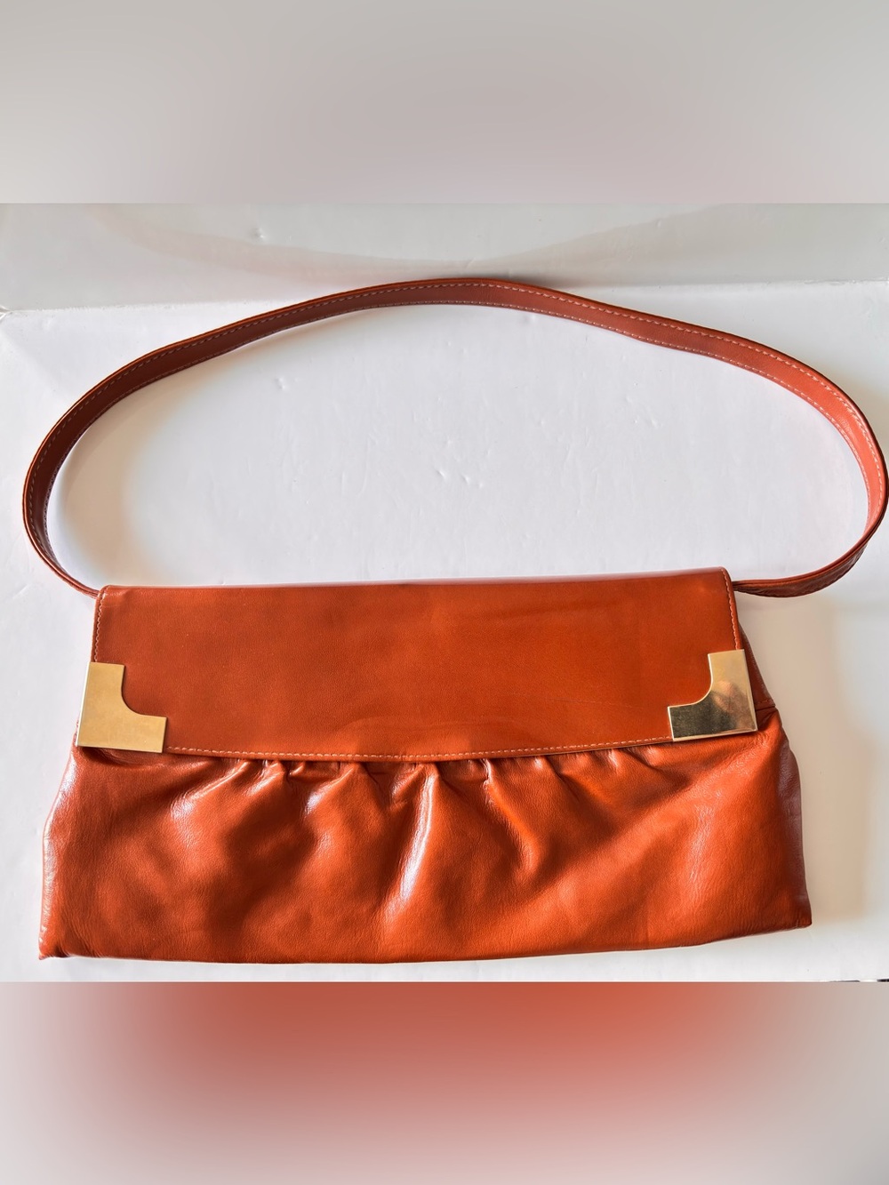 Slim rust color Leather Convertible Clutch Shoulder Vintage 1960s Purse Cabrelli